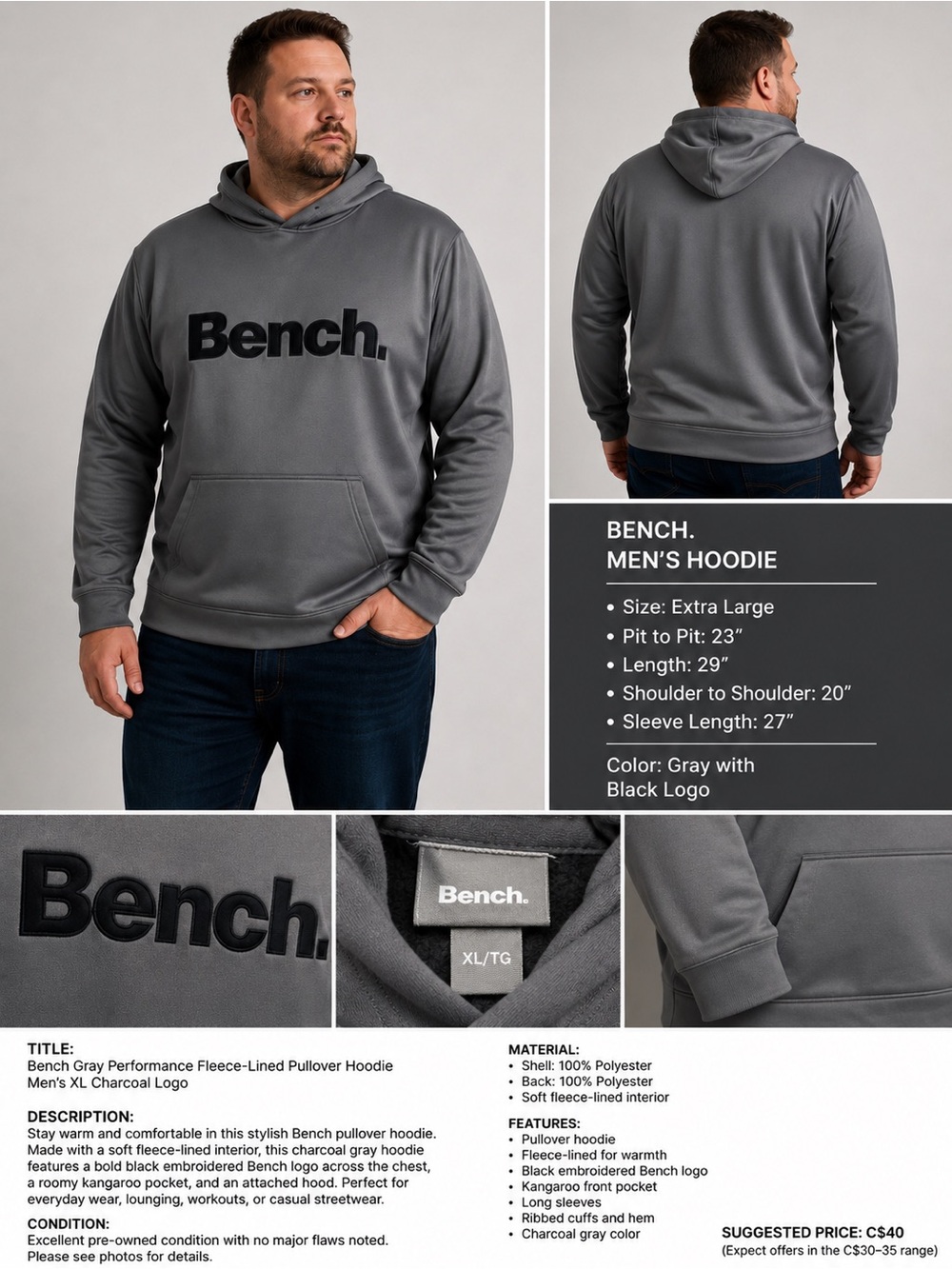 Bench Gray Performance Fleece-Lined Pullover Hoodie Men’s XL Charcoal Logo